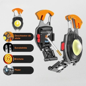 Lanterna multifunctionala, pentru camping, breloc, fluier, bricheta, surubelnita, desfacator sticle, reincarcabila USB-C, aluminiu/ABS, portocaliu - Img 3