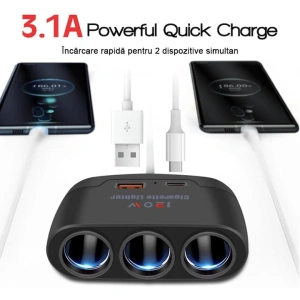 Multiplicator bricheta auto, 3 iesiri, 1 x USB, 1 x USB-C, 120 W, 12 - 24V, negru - Img 2