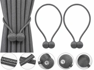 Pachet 2 accesorii magnetice pentru perdele, snur textil impletit, 44 cm, gri antracit - Img 3