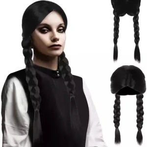 Peruca Neagra Wednesday Addams cozi impletite