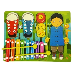 Placa multifunctionala de joc pentru copii 4in1, xilofon, orificii pentru pantofi, sireturi, 30x23x3 cm - Multicolor - Img 2