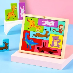 Puzzle 3D pentru copii, tip tetris, model animale, educativ, lemn, 7 piese, 16 x 13.5 x 1 cm, multicolor, +4 ani - Img 3