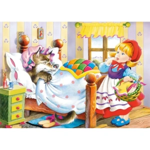 Puzzle 60 de Piese din Lemn in Cutie Metalica, Model Scufita Rosie,Dezvoltare Abilitati Cognitive, 22.5x13.5 cm, Multicolor