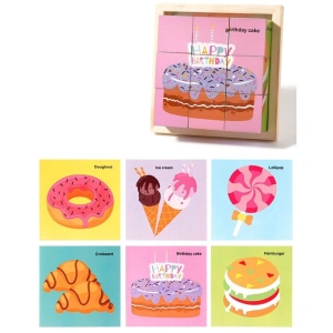 Puzzle din Lemn cu 9 Cuburi, 6 Fete, Model Dulciuri, Joc Educativ Montessori pentru Copii 4-6 Ani, 11 x 11 x 3.2 cm, Multicolor