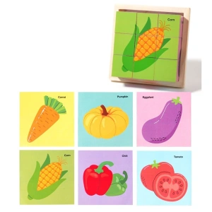 Puzzle educativ din lemn cu 9 cuburi si 6 imagini, model legume, joc Montessori pentru copii 4-6 ani, 11 x 11 x 3.2 cm, multicolor