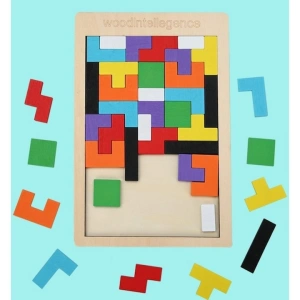 Puzzle educativ montessori multicolor 26.5 x 17.7 cm, joc din lemn cu 40 piese tip tetris, dezvoltare logica, memorie si coordonare pentru copii - Img 5