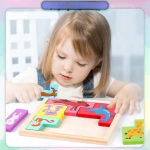 Puzzle Montessori multicolor 16 x 13.5 x 1 cm, joc din lemn cu animale, puzzle logic 3D pentru copii, dezvoltare cognitiva, 4+ ani - Img 5