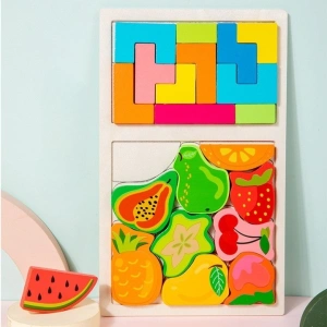 Puzzle pentru copii, tip tetris, fructe, lemn, 21 piese, 3+ ani, educativ, 28.5 x 17 x 1.2 cm, multicolor - Img 5