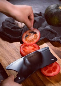 Satar bucatarie tip japonez lama lata din otel inoxidabil, maner ergonomic antialunecare, pentru carne peste legume, 29 cm, negru - Img 6