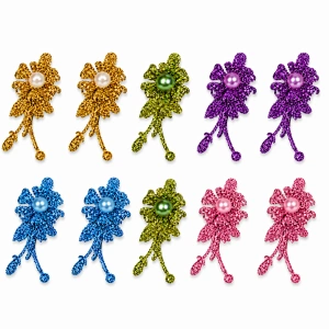 Set 10 agrafe de par aurii, verzi 5 x 2 cm, mov, bleu si roz, model floral metalizat, 2 din fiecare culoare, accesorii elegante pentru coafuri