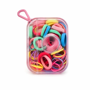 Set 120 elastice par multicolor neon, 20 textile si 100 cauciuc, accesorii fete si femei, cutie cu agatatoare - Img 1