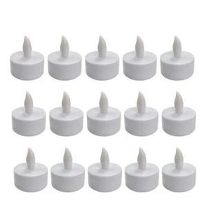 Set 15 lumanari decorative LED albe 4.1 x 3.9 cm, iluminare galbena, efect de flacara, 45 baterii LR41 AG3 incluse, pentru decor mese, petreceri si sarbatori