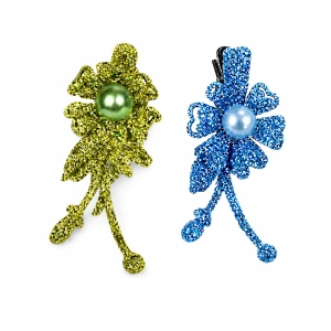 Set 2 agrafe de par verde si bleu 5 x 2 cm, model floral metalizat, accesorii pentru coafuri, fixare confortabila