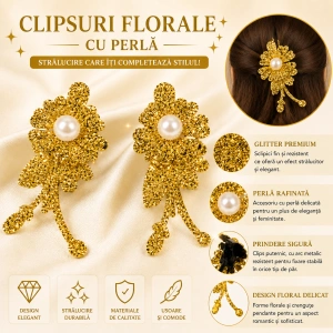 Set 2 cleme de par aurii 5 x 2 cm, model floral metalizat, accesorii elegante pentru coafuri, fixare rezistenta - Img 2