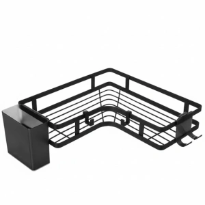 Set 2 rafturi de colt, autoadezive, pentru baie, suport si carlige pentru accesorii incluse, otel inoxidabil, 23.8 x 23.8 x 4 cm/24.8 x 24.8 x 5 cm, negru - Img 9