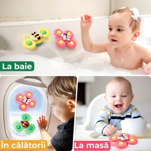 Set 3 spinnere senzoriale pentru copii, jucarii cu ventuza pentru baie, masa si calatorii, albina, fluture, buburuza - Img 3