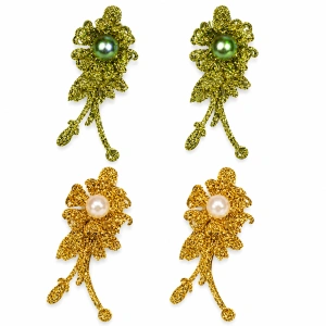 Set 4 agrafe de par aurii si verzi 5 x 2 cm, model floral metalizat, 2 aurii + 2 verzi, accesorii elegante pentru coafuri