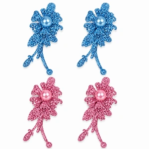 Set 4 agrafe de par bleu si roz 5 x 2 cm, model floral metalizat, 2 bleu + 2 roz, accesorii elegante pentru coafuri