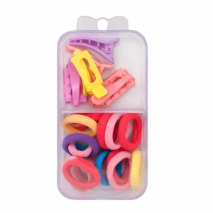 Set accesorii par 18 elastice 1.5 cm si 6 cleme 3 cm, colorate, cutie organizator transparenta