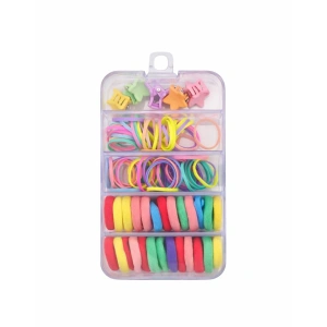 Set accesorii par copii cu elastice textile si elastice cauciuc multicolore, 5 cleme steluta si cutie organizator transparenta - Img 1