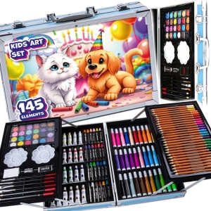 Set de desen si pictura pentru copii, 145 piese, valiza portabila din metal cu sertare, creioane, markere, acuarele, pasteluri, pensule si accesorii, organizare completa, albastru - Img 2