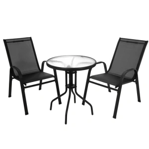 Set mobilier gradina, masa rotunda si 2 scaune, metal/sticla, pentru balcon, terasa, exterior, negru