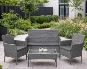 Set mobilier gradina technoratan 4 piese, canapea 2 locuri, 2 fotolii, masa cu blat sticla si perne gri inchis - Img 5