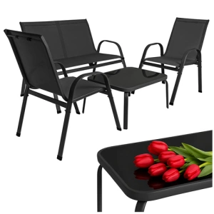 Set mobilier pentru balcon si terasa, canapea 2 locuri, 2 scaune si masuta cu blat din sticla securizata, cadru metalic, negru - Img 5