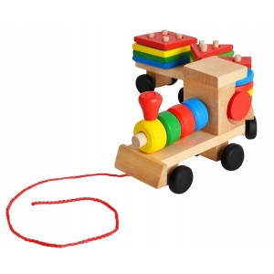 Trenulet de jucarie din lemn, 30 cm, multicolor - cu forme geometrice, puzzle arcade, locomotiva + 2 vagoane, blocuri detasabile, pentru copii 3+ - Img 8
