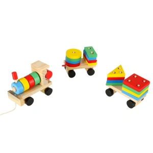 Trenulet de jucarie, locomotiva cu 2 vagoane, lemn, forme geometrice, 30 x 9 x 6 cm, multicolor - Img 3