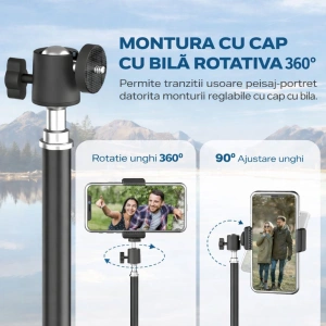 Trepied extensibil 210 cm din aluminiu cu suport reglabil pentru telefon si montura camera, stativ pliabil pentru foto video si iluminare, negru - Img 9