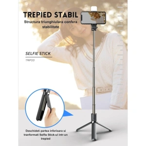 Trepied selfie stick 3in1, rotire 360 grade, lumina LED, telecomanda bluetooth inclusa - Negru - Img 4