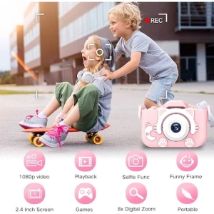Aparat foto pentru copii,rezolutie 1080P HD,ecran 2 inch,12 MP + SD card inclus - Roz - Img 2