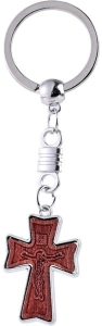 Breloc religios cruce din lemn cu figurina Isus, breloc crestin cu inel metalic pentru chei, accesoriu spiritual compact - Img 6