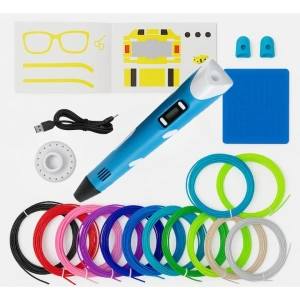 Creion 3D albastru set complet cu filament PLA 1.75 mm 110 m, 20 culori, suport silicon, sabloane, degetare, LCD, compatibil PLA ABS, temperatura reglabila 60-230°C, motor metalic, duza ceramica, USB