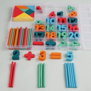 Cutie de invatare pentru copii, cifre, adunare, scadere, betisoare si forme geometrice, din lemn - Multicolor - Img 8