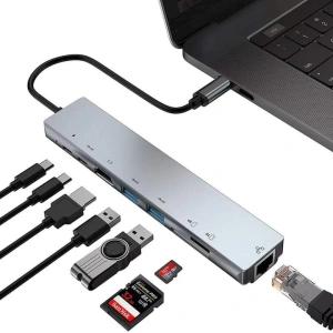 Hub adaptor multiport 8 in 1 USB-C, HDMI 4K 30Hz, Ethernet, USB 3.0, USB 2.0, Power Delivery 87W, cititor SD si MicroSD, aluminiu, gri - Img 9