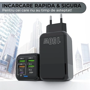 Incarcator retea 150W USB-C si USB-A 6 porturi fast charge cu display LED universal telefon laptop negru compact - Img 3