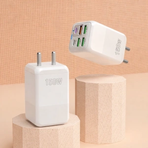 Incarcator retea 150W USB-C si USB-A 6 porturi fast charge cu display LED universal telefon laptop alb compact - Img 2