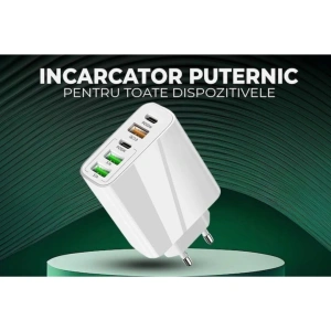 Incarcator retea 65W USB-C si USB-A 5 porturi fast charge PD QC universal telefon laptop alb compact - Img 8