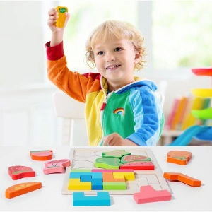 Joc educativ pentru copii, puzzle tetris, Montessori, legume colorate, lemn, 28.5 x 17 cm, varsta 3+ ani, multicolor - Img 6