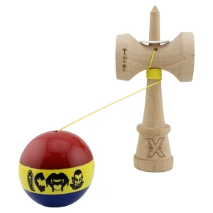 Kendama profesionala din lemn cu rulment metalic, model Dracula tricolor, finisaj Super Sticky, cupe mari King Size V3, 18 cm, multicolor