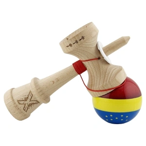 Kendama profesionala din lemn, editie Tricolor si UE, Super Sticky, cupe mari King Size V3, rulment metalic, gaura in baza, 18 cm, multicolor - Img 3