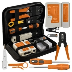 Kit instrumente de retea si tester cabluri XXL, compatibil mufe RJ45/RJ11, cu husa depozitare, 27x15.5x6 cm, negru-portocaliu