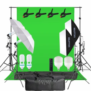 Kit studio foto video iluminare profesionala cu 2 softbox, 2 umbrele foto, 2 becuri fluorescent 150W 5500K si 2 becuri LED 120W cu telecomanda, fundal verde chroma key, suport fundal, clame panza, gea