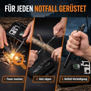 Kit supravietuire multifunctional 14 in 1 pentru camping si outdoor, cu lanterna, cutit pliabil, busola, bratara paracord si accesorii tactice - Img 5