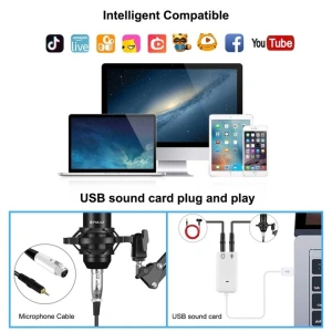 Microfon cu condensator, de studio, compatibil cu Android si iOS, otel/aliaj de zinc, negru - Img 6