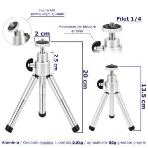 Mini trepied extensibil din aluminiu cu cap de bila reglabil, montura 1/4 inch, inaltime 13-20 cm, negru - Img 2