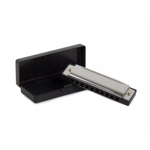 Muzicuta neagra argintie 10 x 2.8 x 2 cm, diatonica cu 10 gauri, acordaj Do, cu cutie de protectie, instrument muzical pentru copii si adulti