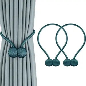 Pachet 2 suporturi magnetice pentru perdele, snur impletit decorativ, 44 cm, verde petrol, fara montaj - Img 2